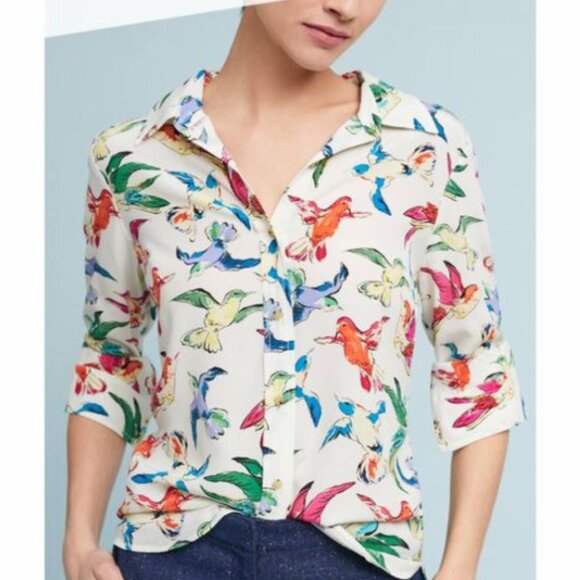 Anthropologie Maeve SZ10 Potala Silk Bird Blouse Festive Artsy Novelty Rainbow - Picture 1 of 10